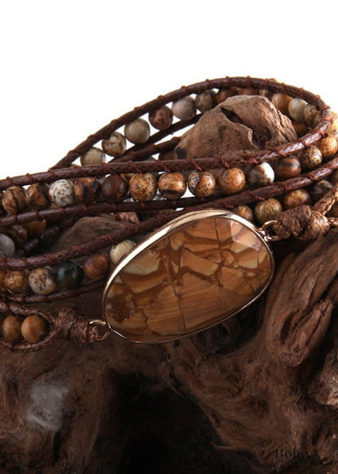 Boho Bracelet, RH 3 Layers Leather Wrap Bracelet, Natural Stones, Blue, Rose, Purple